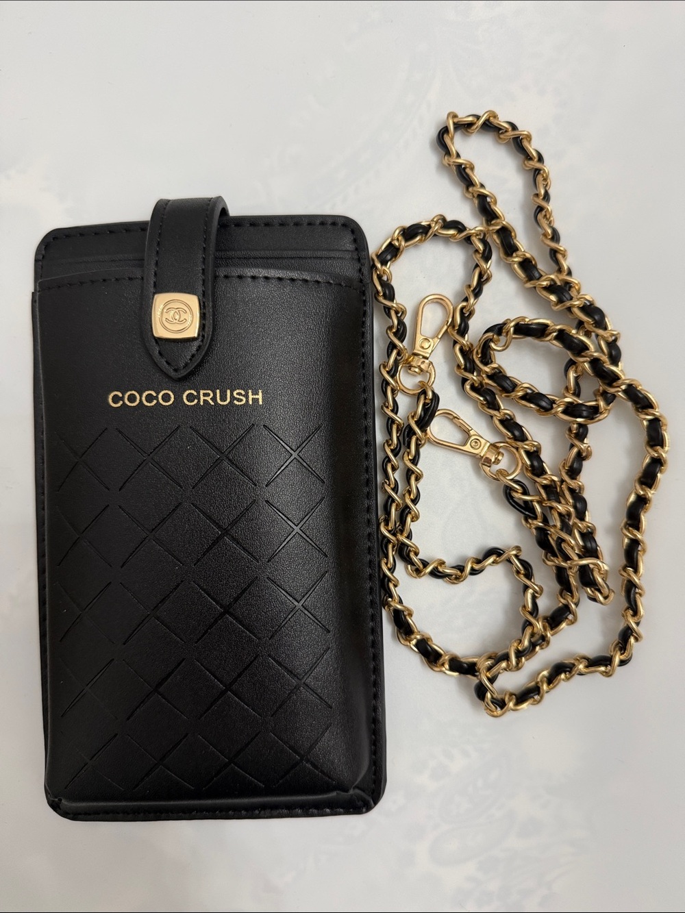 CHANEL Black Coco Crush Phone Case with Gold Chain